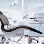 A dentist chair and equipment in a room